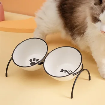 Cute Ceramic Pet Bowl Cat Food Feeding Double Dish Raised Stand Kitten Dog Water Feeder Durable Pet Supplies Dog Accessories