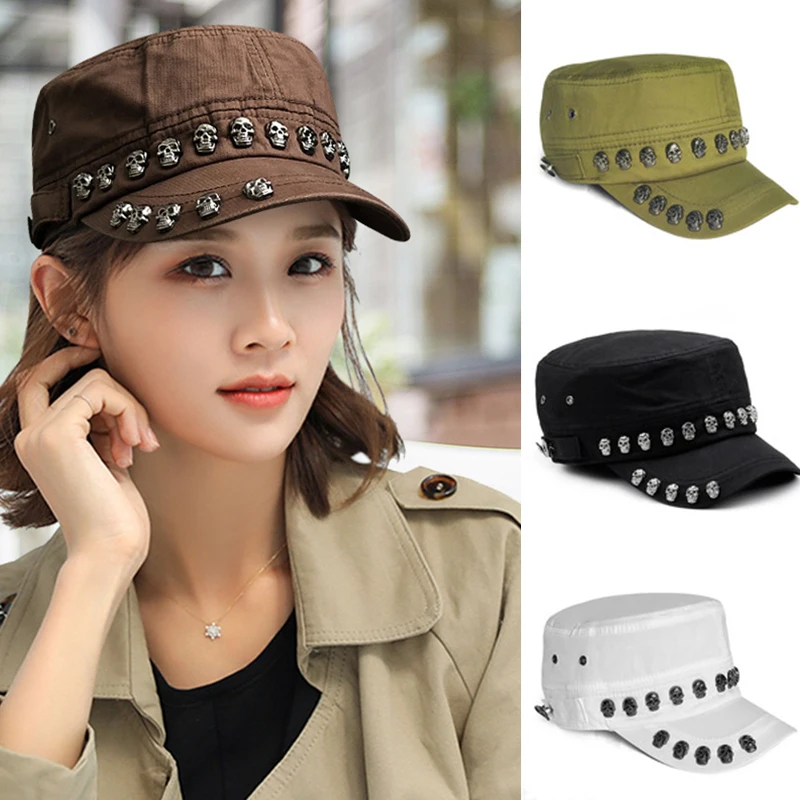 Trendy Y2K Skull Rivets Punk Flat Top Cap Men Women SunShade  display picture 2