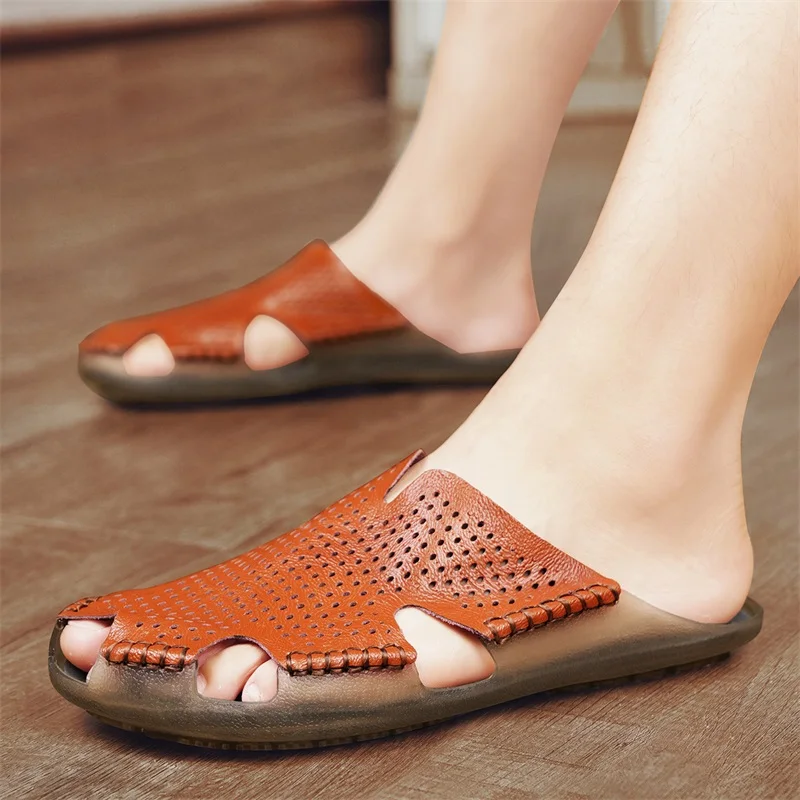 New Quality Leather Non-Slip Slippers Men Beach Sandals Comfortable Summer Shoes Men Slippers Classics Flip Flops