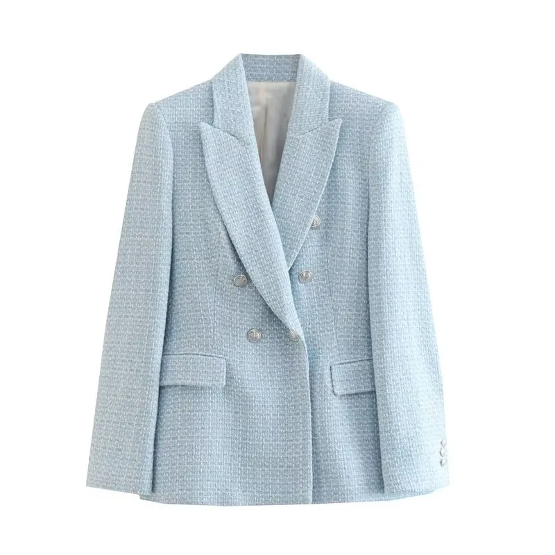 

Women's sky blue tweed suit jacket new spring/autumn casual loose double breasted top women's clothing