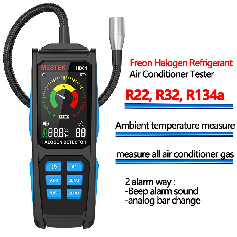 เครื่องตรวจจับการรั่วไหลของน้ำยาแอร์ HD01 เครื่องตรวจจับการรั่วไหลแบบฮาโลเจน สำหรับน้ำยาทำความเย็น R22 R32 R134a  สำหรับเครื่องทำความเย็น HVAC ความไวสูง เครื่องทดสอบเครื่องปรับอากาศ 1