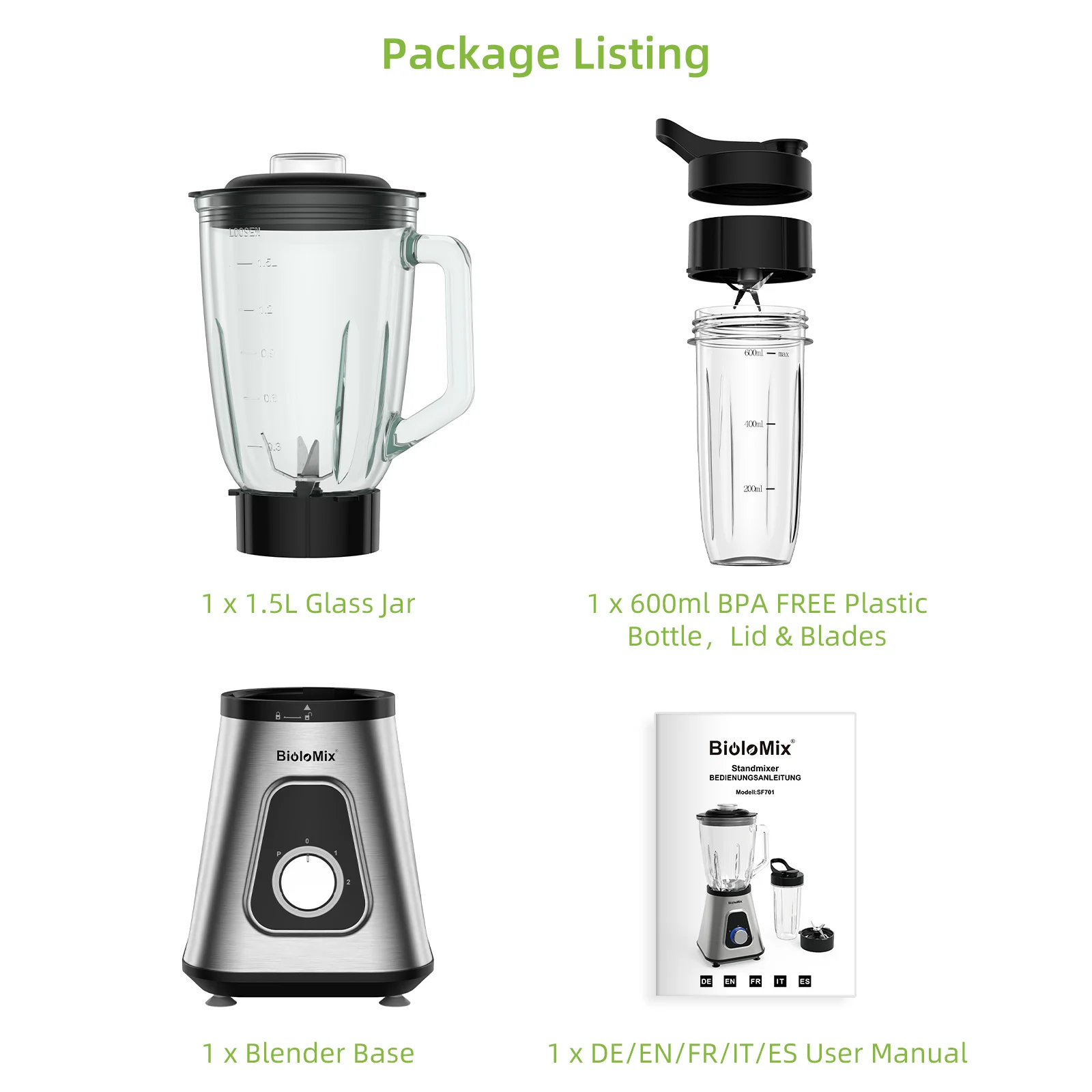 BioloMix 1300W Smoothie Blender with 1.5L Glass Jar, Personal Blenders Combo for Frozen Fruit Drinks,  Sauces