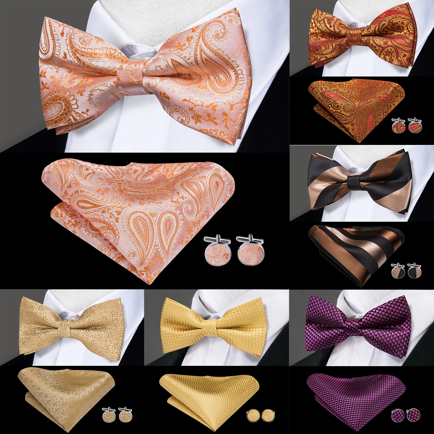 

Hi-Tie Silk Mens Bow Tie Hanky Cufflinks Set Pre-tied Butterfly Knot Bowtie Jacquard Paisley Wholesale for Male Wedding Business