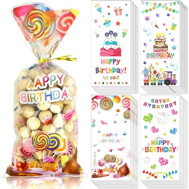 

100Pcs Birthday Cellophane Bag Baby Shower Candy Bags Gift Bags with Twist Ties for Birthday Holiday Party Cookies Bags Supplies