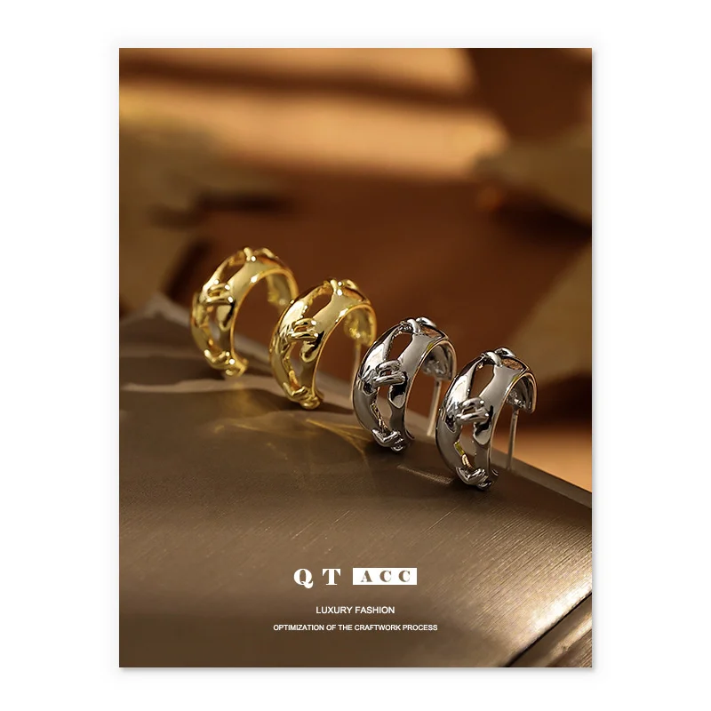 

Brass plated with 18K real gold/platinum trendy cool hip-hop holes and hollowed out design earrings, elegant glossy
