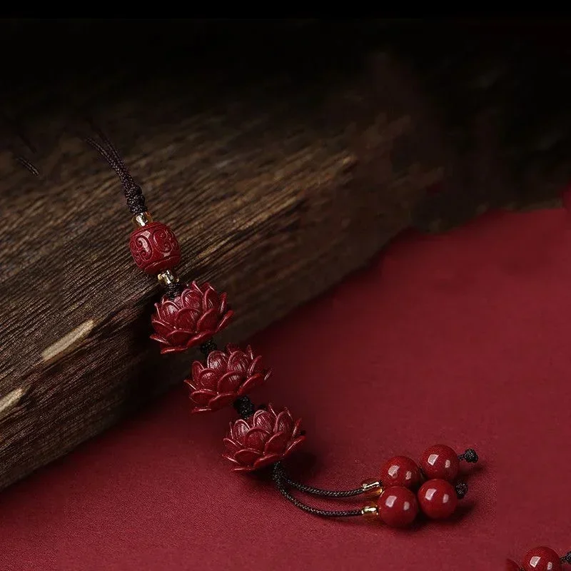 Cinnabar Lotus Key Chain Organic Jewellery Carved Fashion Chinese Natural Charm Gifts Amulet Bag Buckle Pendant Red key chain charm