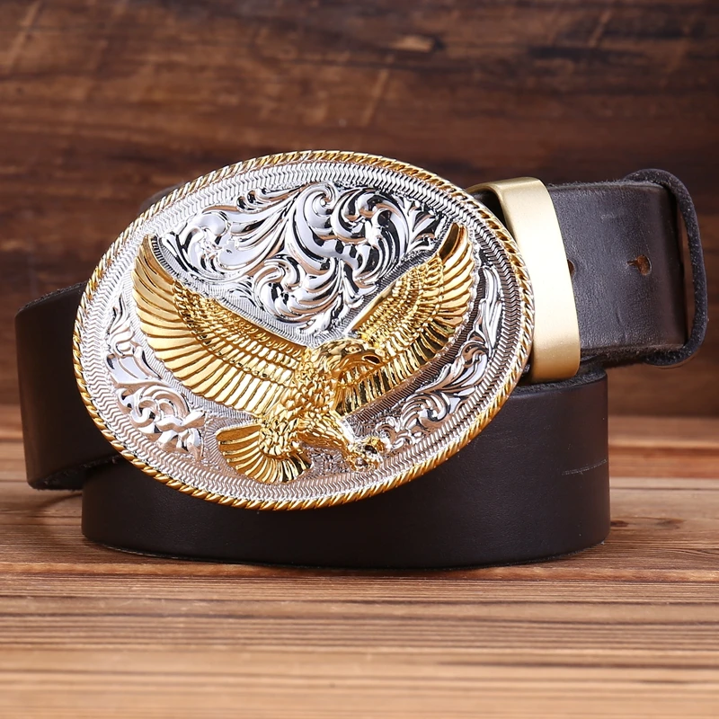 gold eagle big buckle full grain real leather 100% genuine leather hawk mens belts luxury high quality camel brown cowboys women