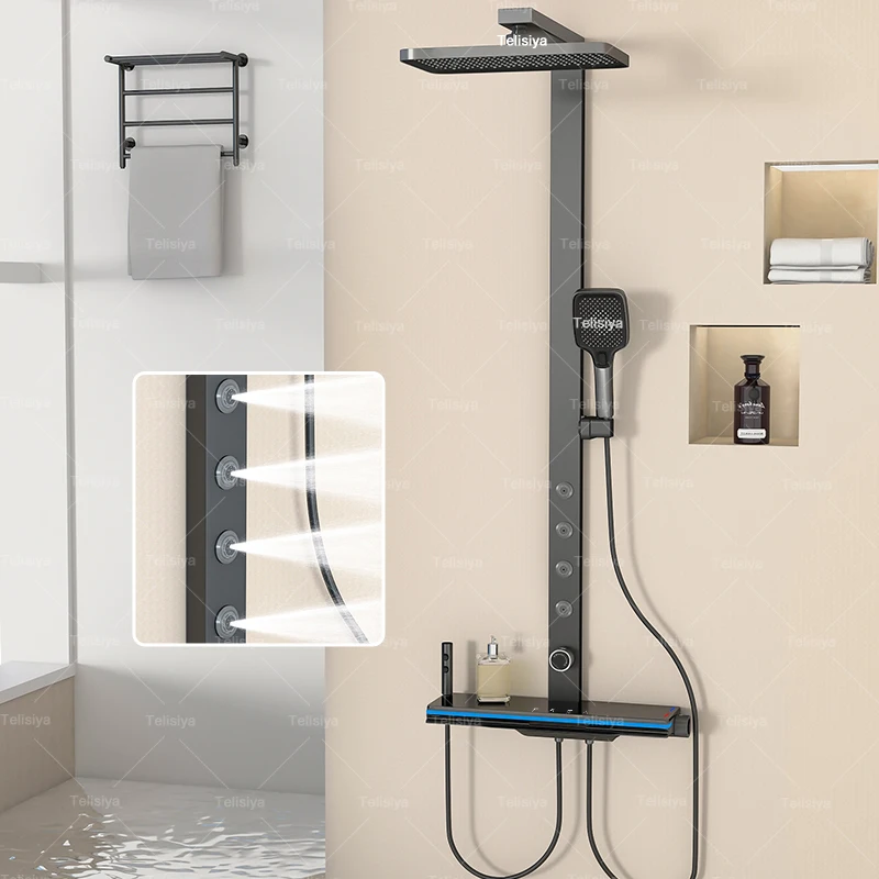 ชุดฝักบัวสีเทาอ่อนสำหรับห้องน้ำชุดระบบฝักบัวอาบน้ำฝักบัวอาบน้ำแบบมัลติฟังก์ชั่นจอแสดงผลดิจิตอลแบบสเปรย์ด้านหลัง 1