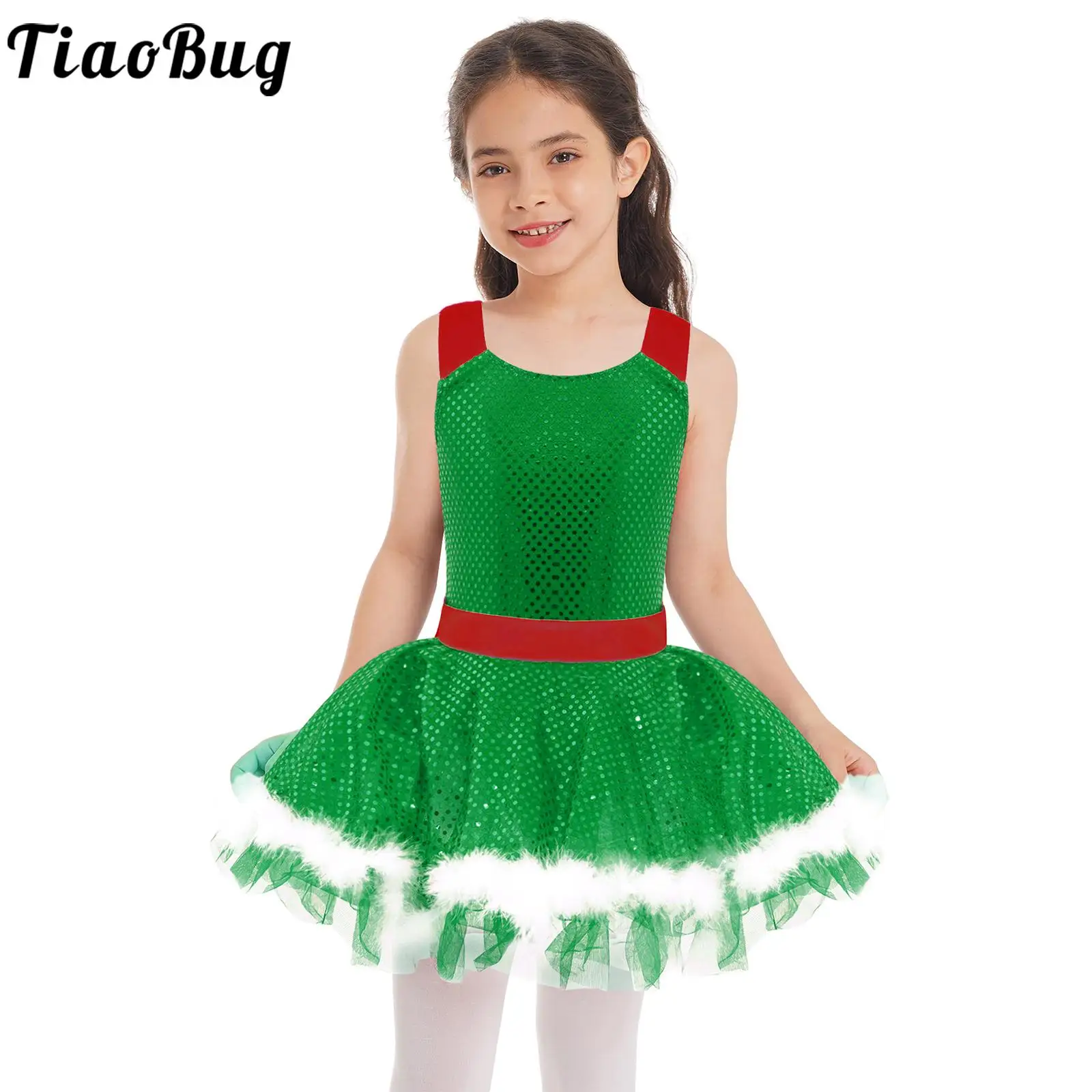 

Kids Girls Ballet Dance Christmas Party Fancy Dress Sleeveless Tutu Gymnastics Leotard Dress Shiny Dance Performance Costumes