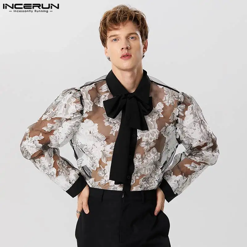 Fashion Sexy New Men Perspective Lace Print Jacquard Tie Shirts Casual Male Hot Sale Long Sleeved Blouse S-5XL INCERUN Tops 2023