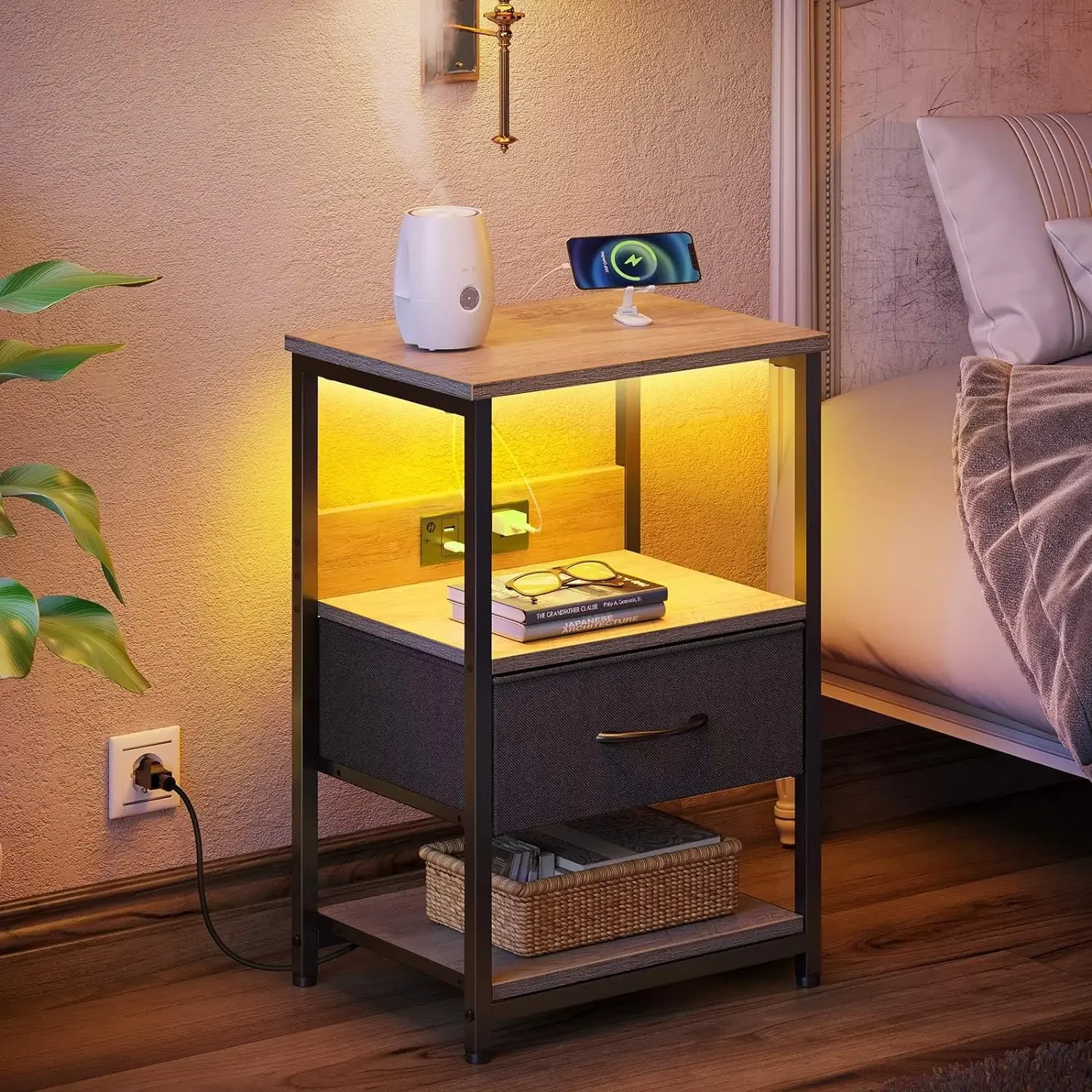 Nightstand Charging Station LED Bedside Table Adjustable Fabric Drawer Night Stand Storage 3-Tier
