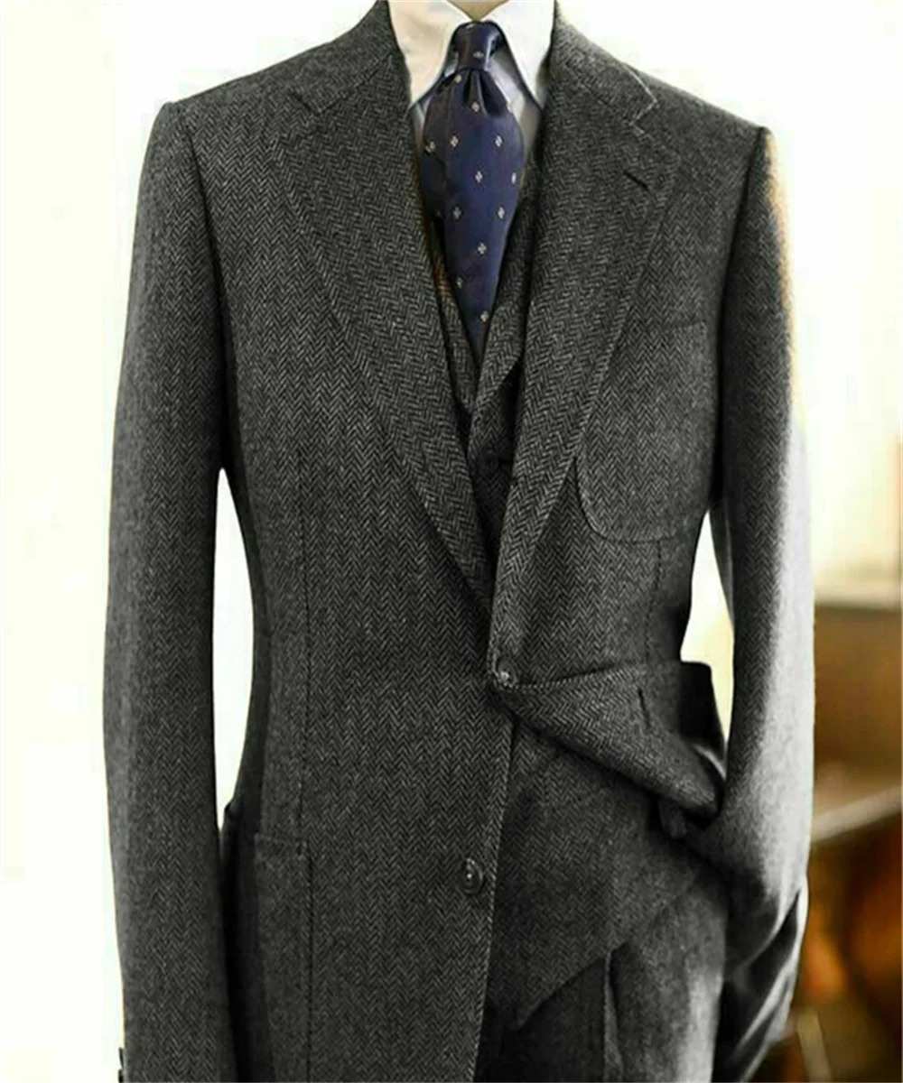 Regular Brown Mens Suits Slim Fit Herringbone Tweed Wool Blend Check Wedding Tuxedos Classic 3 Pieces Trajes De Hombre Blazer 6