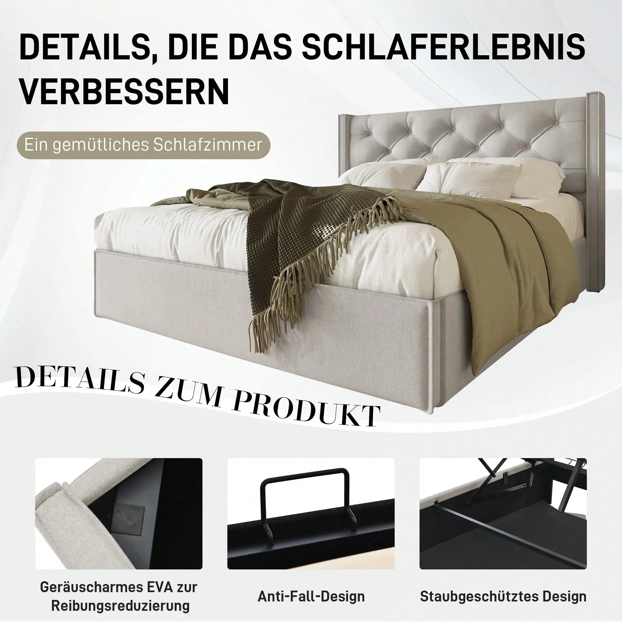 KOMNTOM Polsterbett 140 x 200 cm, hydraulisches Doppelbett mit Lattenrost, Bettrahmen mit Stauraum, ohne Matratze – Detail 4