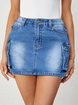 Women Sexy Straight-leg Denim Short Skirt Side Big Pocket Button Denim Miniskirt Summer 1
