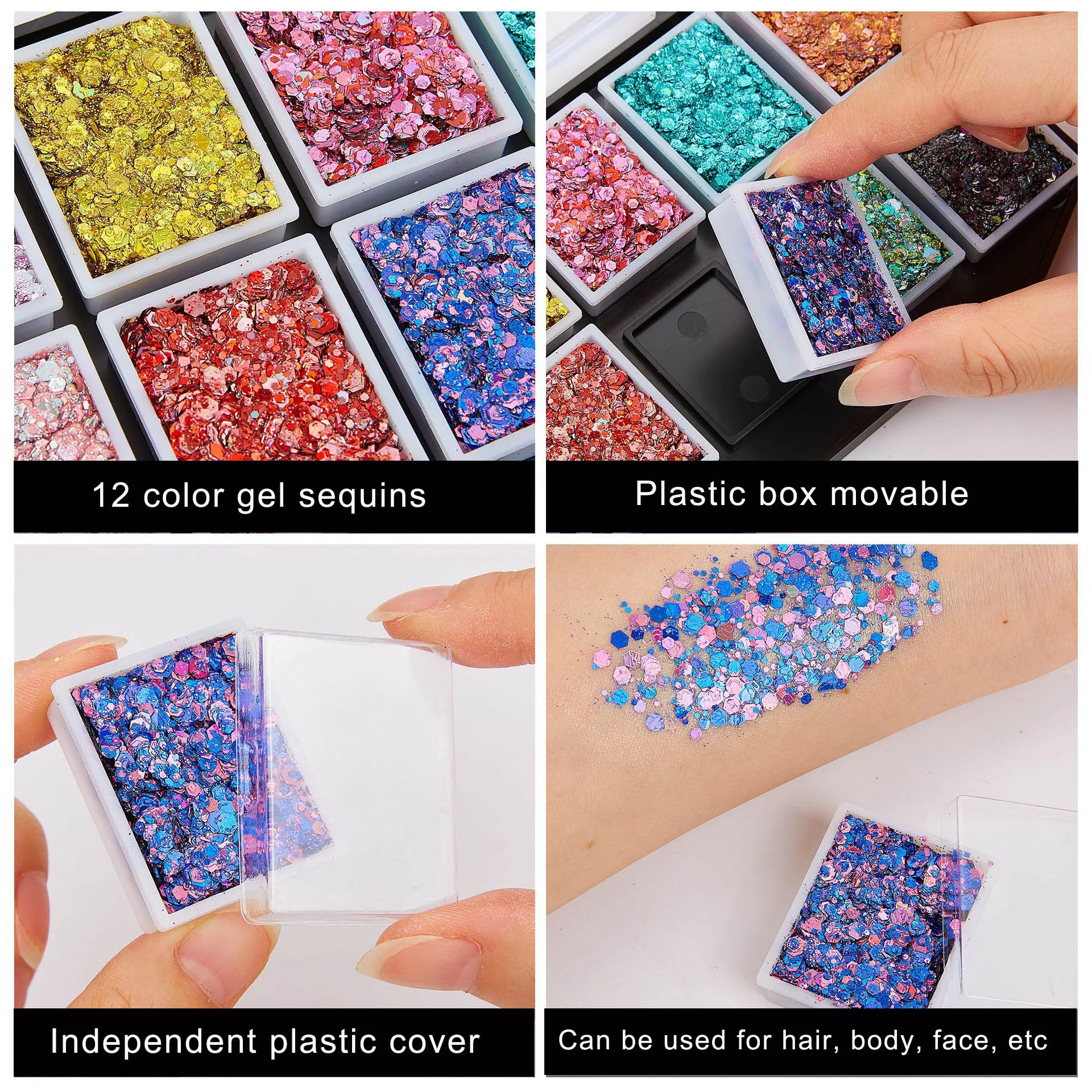 Description Picture 4 of item12 Color UV Luminous Holographic Glow Chunky Glitter Eyeshadow Palette Sequin Gel for Kid's Christmas Makeup