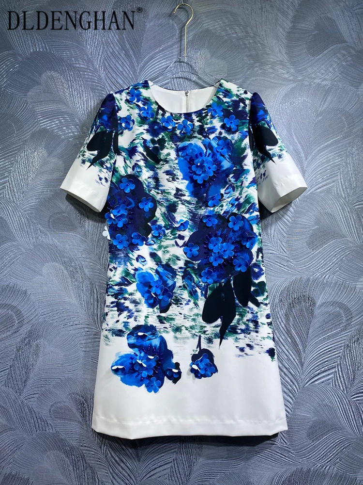 

DLDENGHAN Summer Beading Appliques Dress Women's O-Neck Short Sleeve Blue Flower Print Vintage Mini Dresses Fashion Designer New