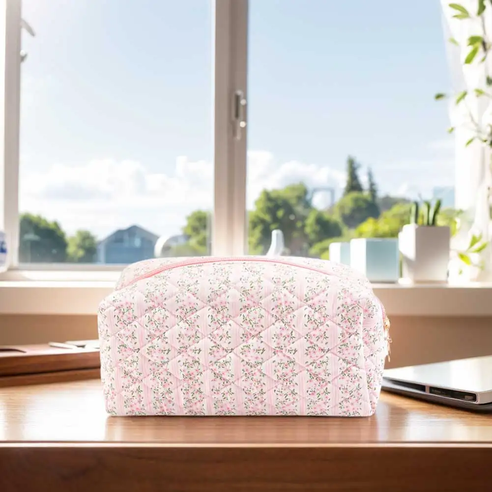 여성용 퀼트 메이크업 가방, 대용량 코튼 미용 세면 용품 지갑, 지퍼 클로저, 퀼트 메이크업 핸드백, 여성 여행 가방