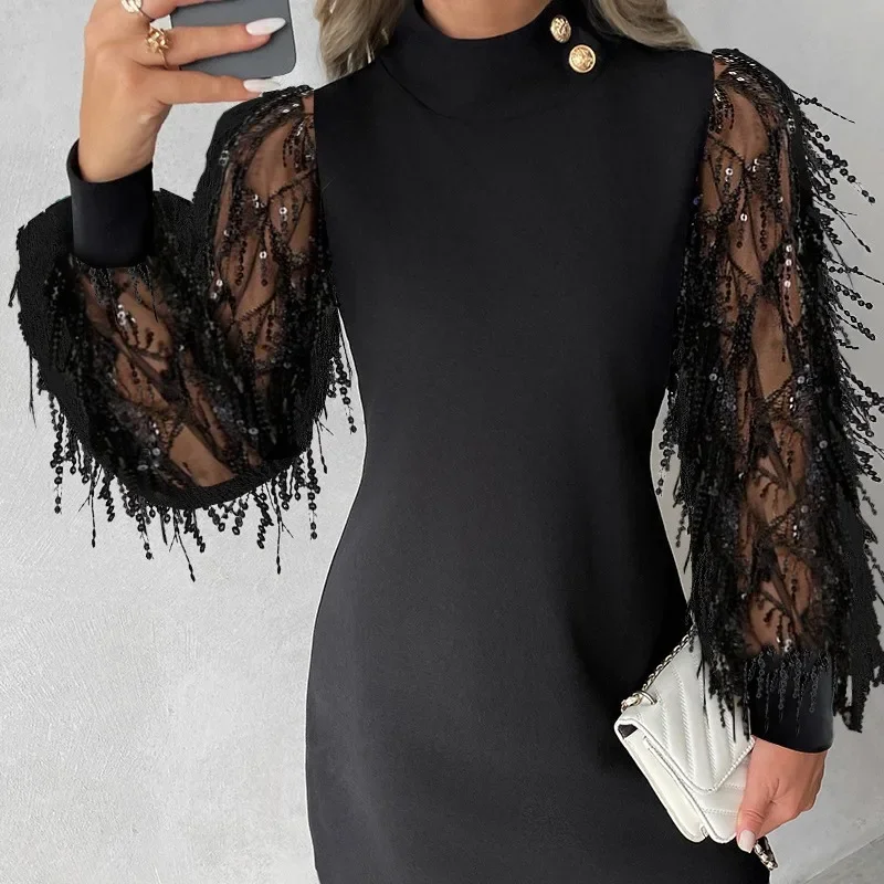 

Round Neck Women Dress Sequin Tassel Full Sleeve Slim Fit Splice Sexy Short Dresses Tight Waist Solid Autumn Winter 2023