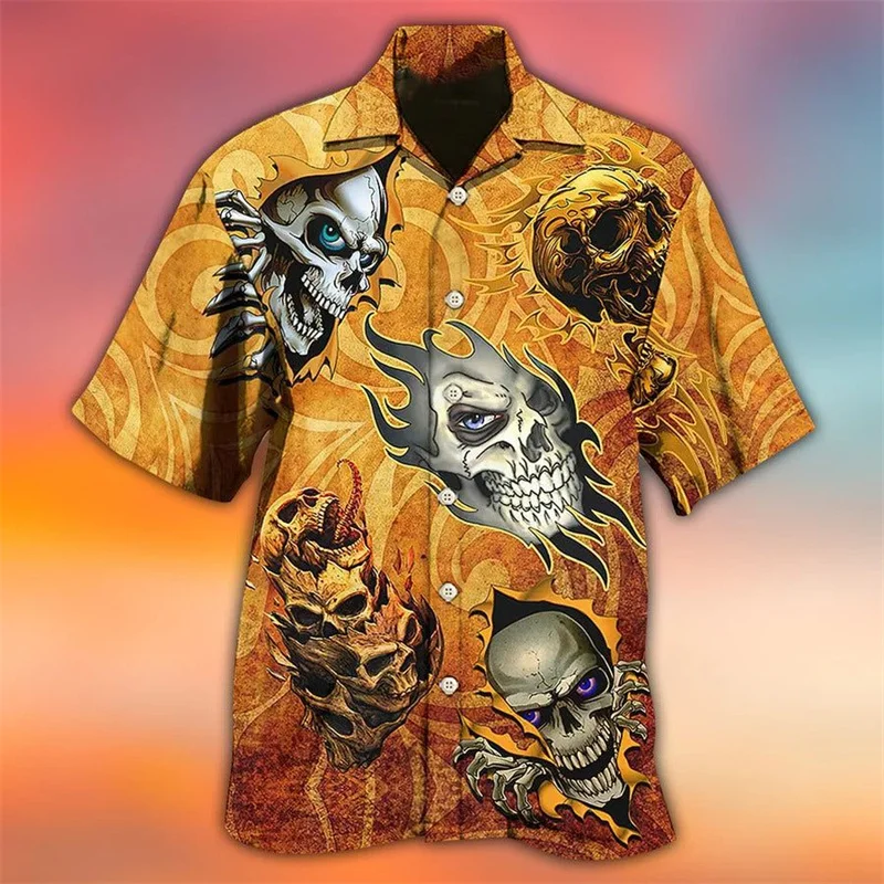 

Horror Skull Print Men's Shirts Trend Halloween Party Clothing Men's Personalized Social Short Sleeve Summer Street Casual Tops