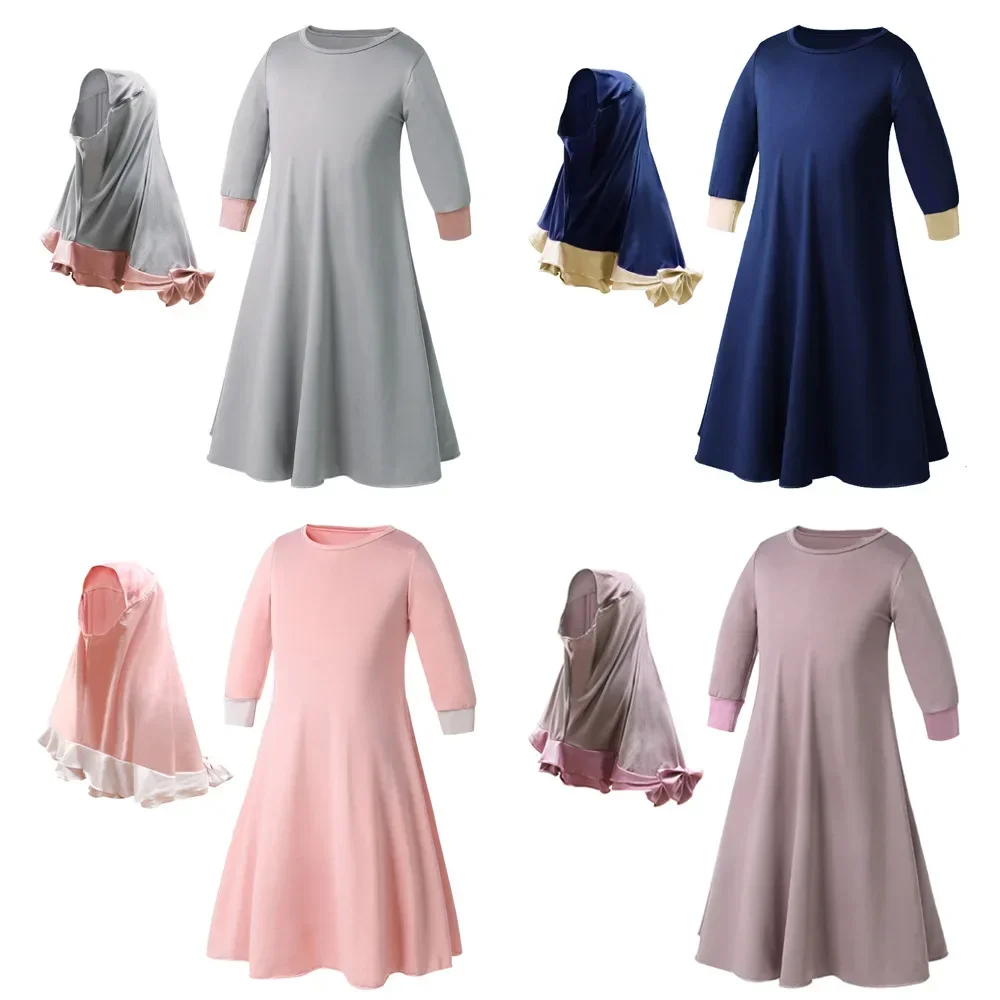 2 Pezzi Hijab Abaya Per Bambine Musulmane – Abito Floreale Preghiera Con Foulard, Maxi Dress Per Eid E Ramadan, Morbido Poliestere