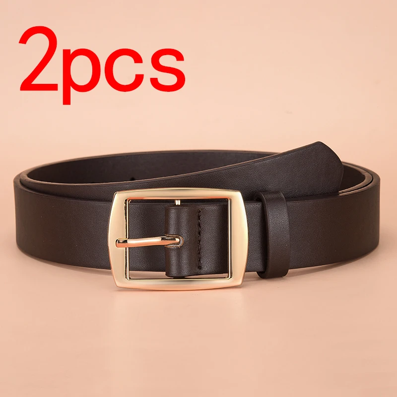 2pcs  Men's Belt, Gold Alloy Buckle Waist Belt, Fashionable, Atmospheric, Simple, Casual Style Jeans Decorative Waist Belt