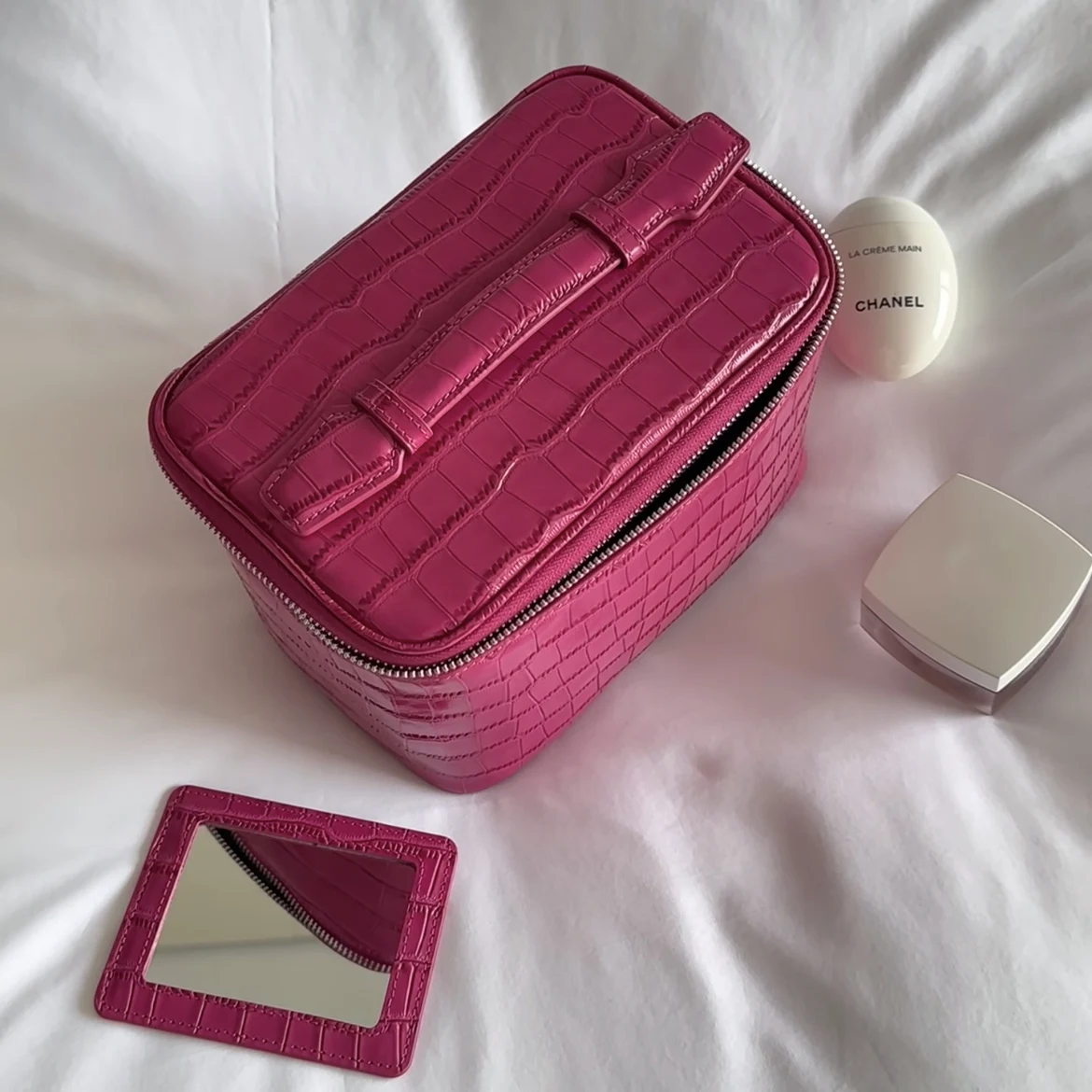 Crocodile Pattern Cowhide Cosmetic Bag Rose Red Light Luxury Genuine Leather Women Travel Portable Toiletry Storageanity Case 5