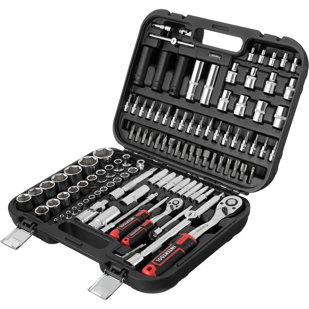 

Metric Socket Set, 1/4” & 1/2” Drive, 111-Piece, Impact Sockets Cr-Mo, Quick Release Ratchets, Adapters, Bits, Screwdriver