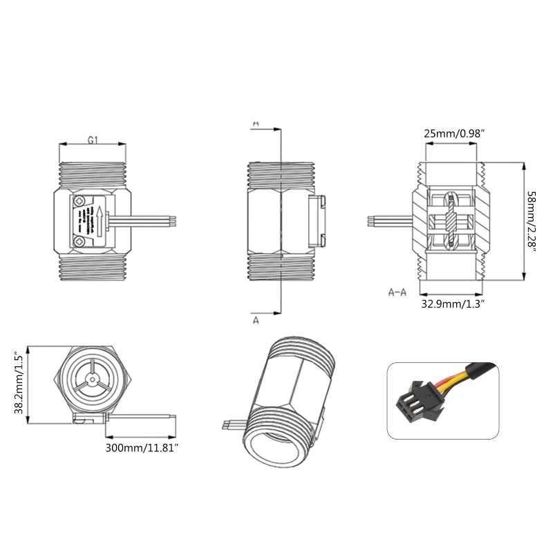 Water Flow Sensor Hall Sensor Switch Flow Meter 1 Inch
