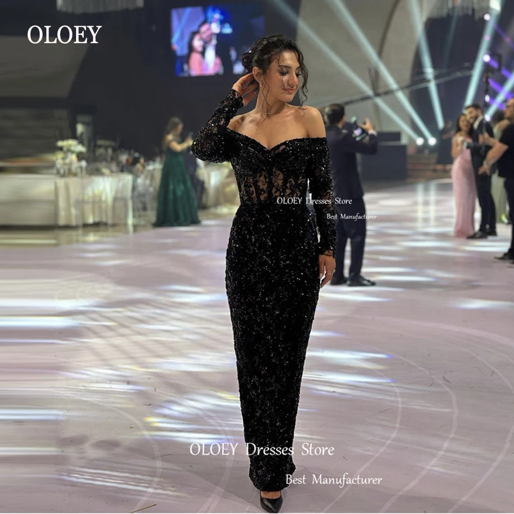 

OLOEY Glitter lace Sequin Evening Dresses Off the Shoulder Long Sleeves Dubai Arabic Women Shiny Prom Gowns Celebrity Formal