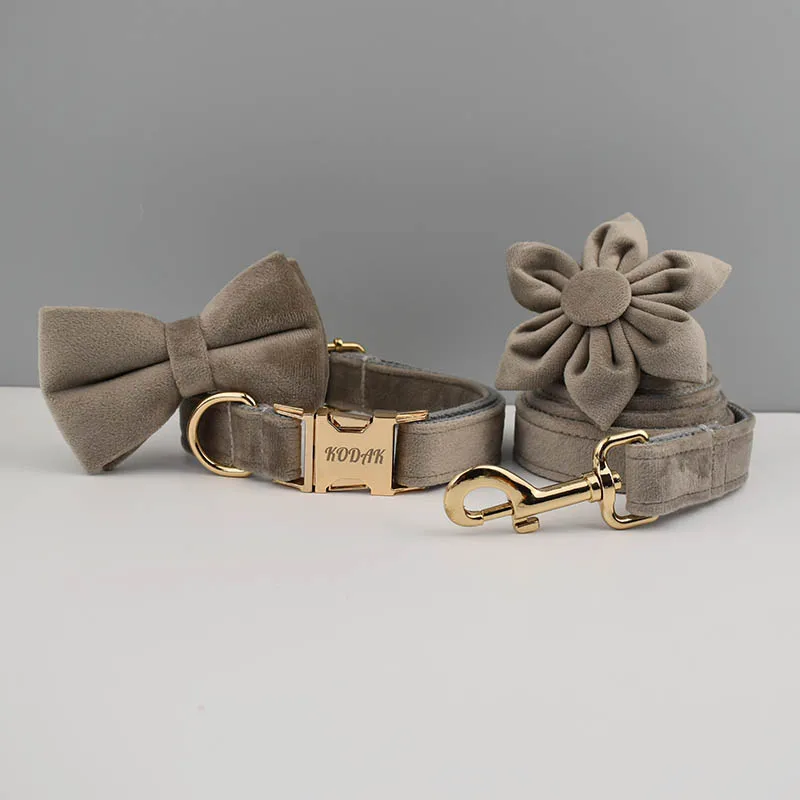Dog Collar Leash Bow Tie Set  Velvet Cream with Rose Gold Buckle