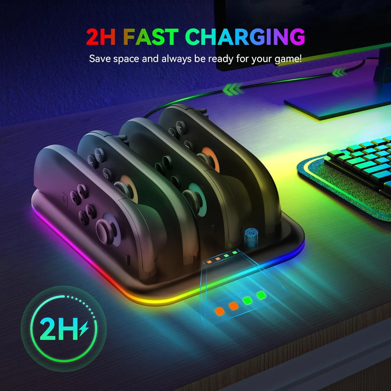 SWITCH 2 Joy-Con용 4-in-1 플랫 게임패드 충전 스테이션 NS2303, LED 표시기 및 안전 보호 기능이 있는 4개의 Joy-Con 충전