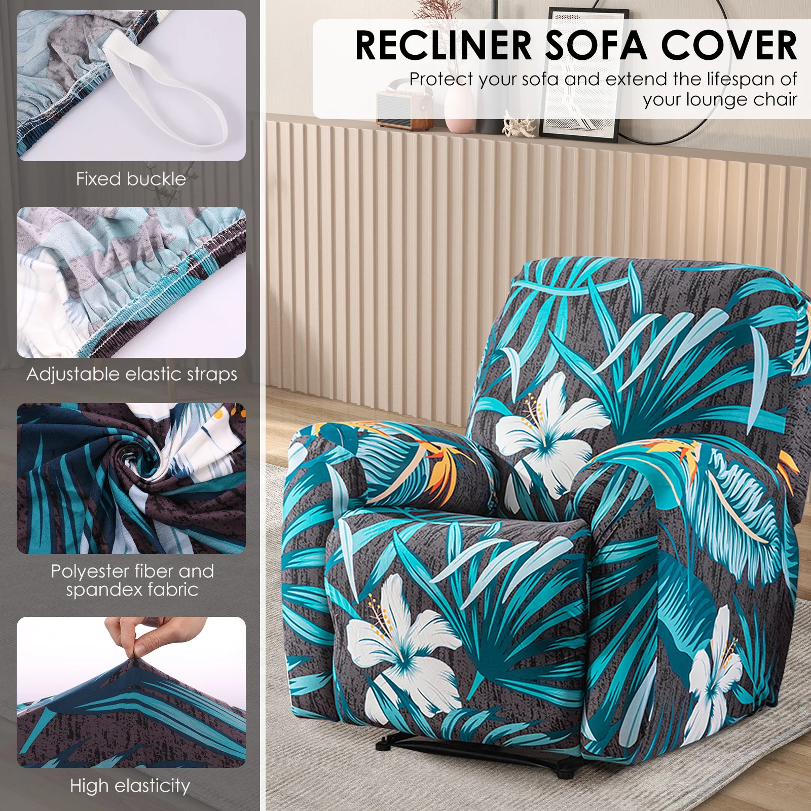 Recliner Chair Cover Full Wrap Style Single Reclining Slipcover With Side Pocket Machine Washable Stretch Printed Armchair Cover