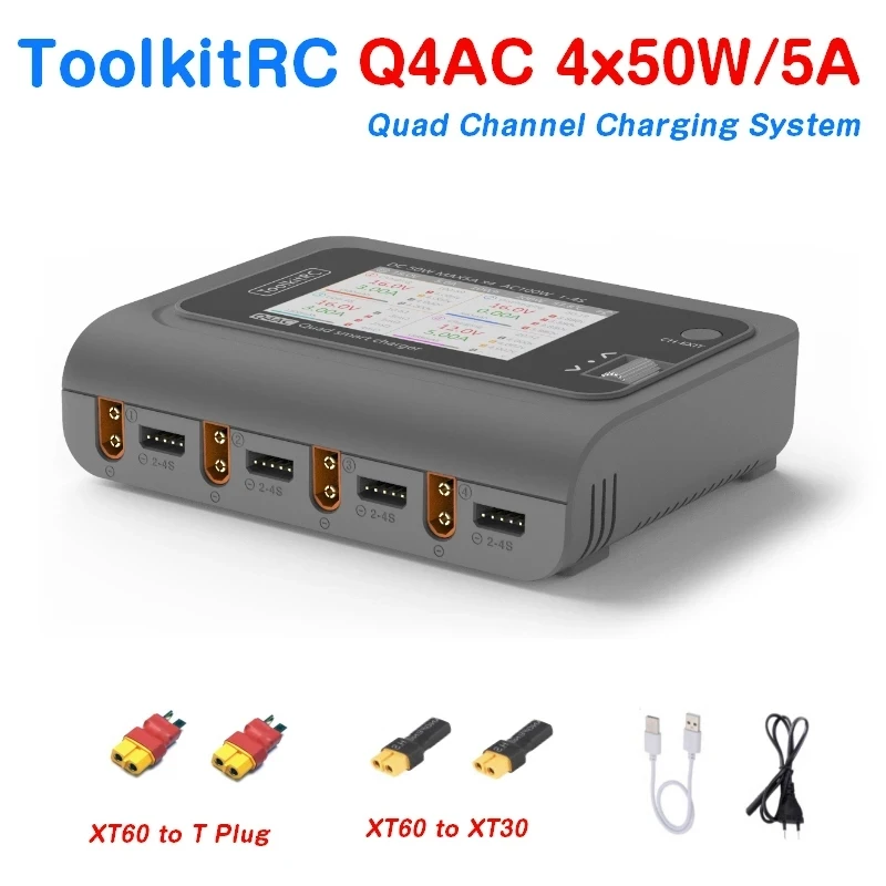 ToolkitRC Q4AC 4x50W 5A AC 100W 4 Port DC Smart Discharger Charger XT60