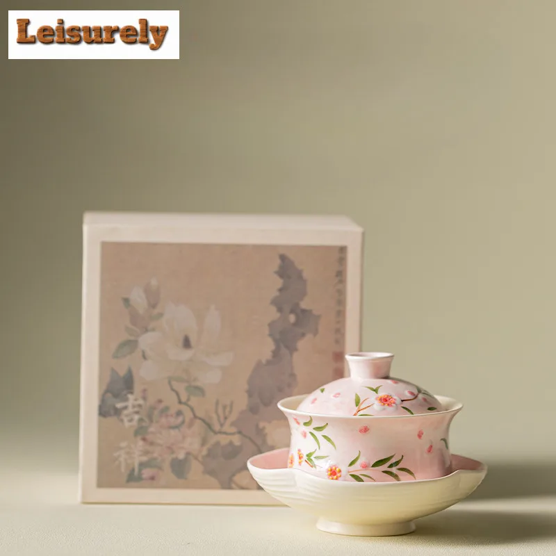 90ml Hand-painted Peach Blossom Gaiwan Handmade Tea Tureen Tea Bowl With Lid Kit Tea Brewing Cover Bowl Chinese Tea Set Gifts