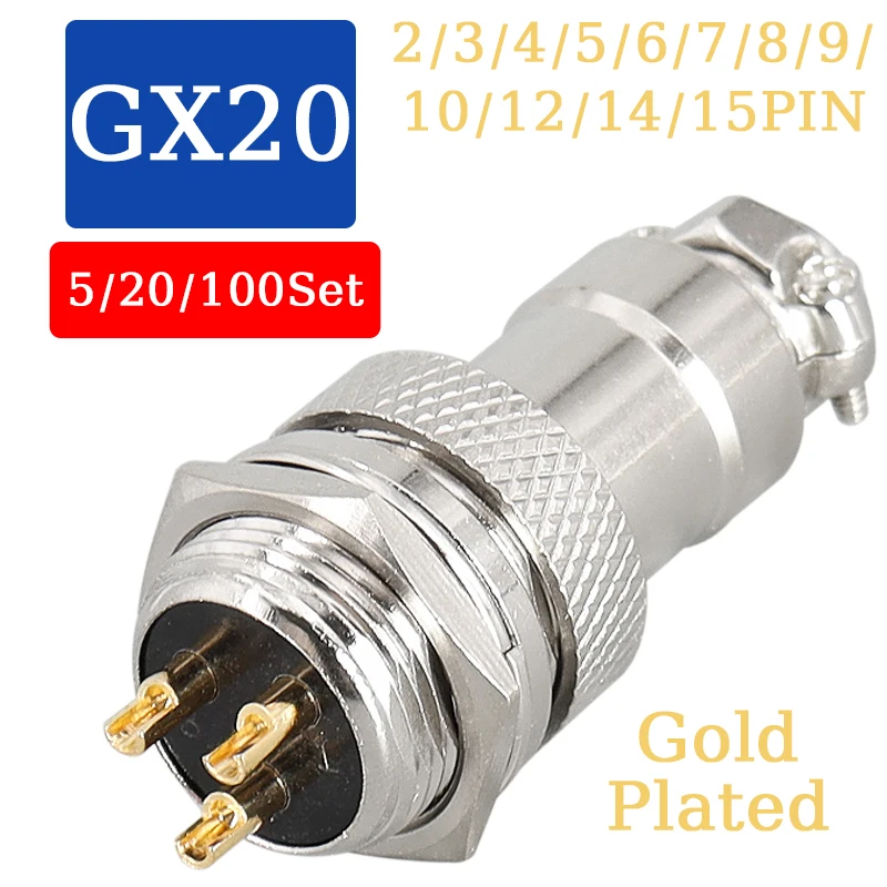 

5/20/100 Set GX20 Aviation Plug Socket Gold Plated 2 3 4 5 6 7 8 9 10 12 15 PIN Male Female 20mm Wire Panel Nut Type Connector