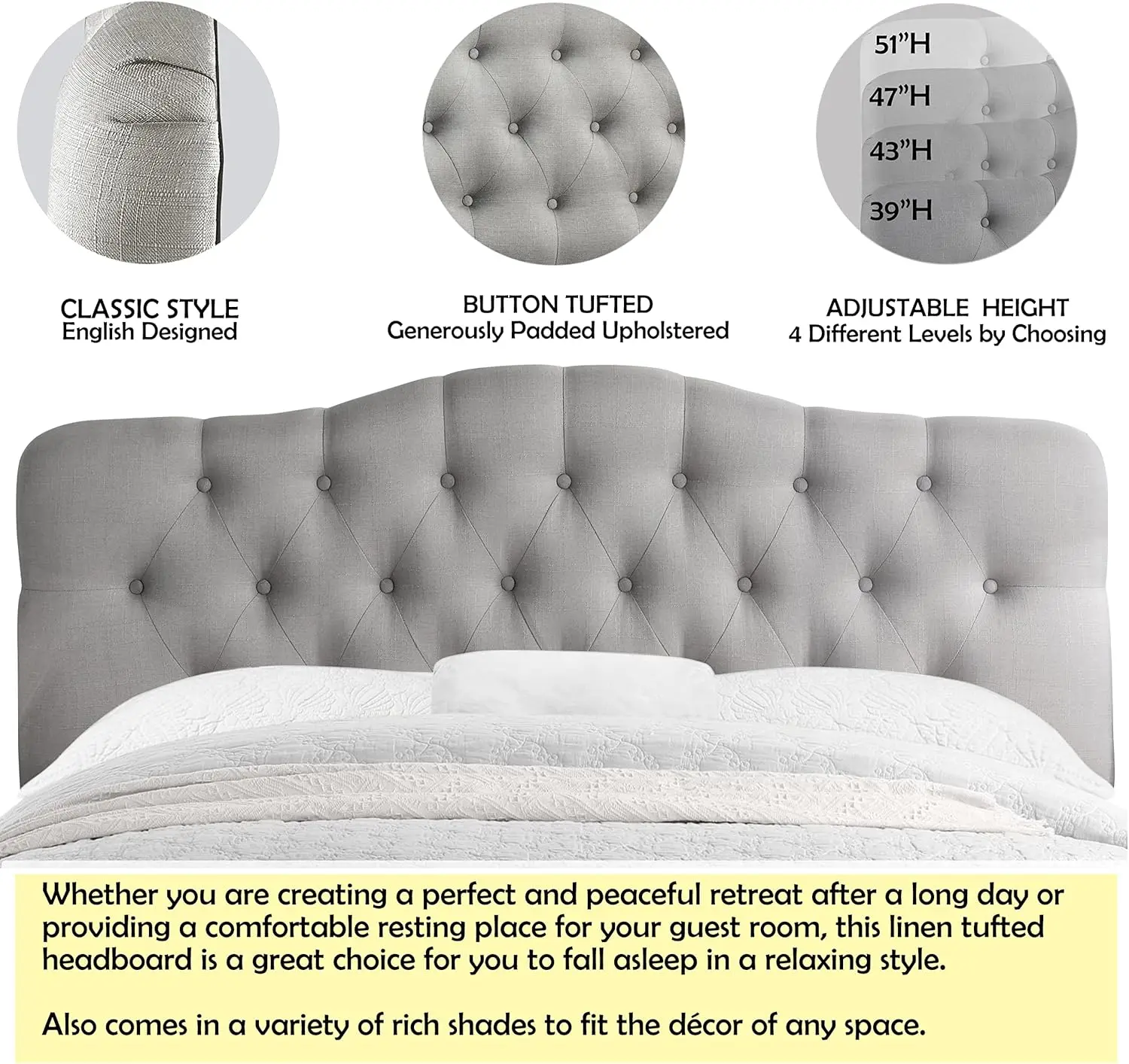 Darax Linen Upholstered Headboard-Modern-Adjustable Height-Button Tufting, Queen, Gary