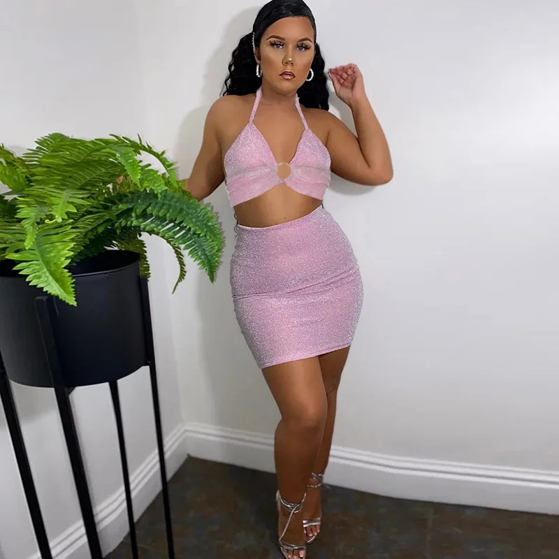 

Womens Sexy Camisole And Skirt Suit Personality Glitter Solid Color Backless Top And High-Waist Short Mini Skirt Summer Hot Sale