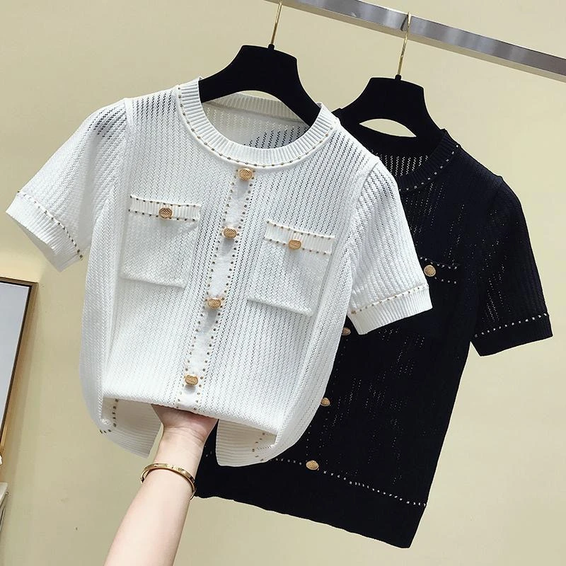 Fashion Round Neck Short Sleeve Sweater Women Thin Section Striped Button Decoration Stitching Knitted Sweater Female Spring pink sweater