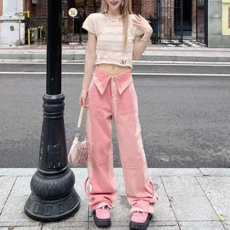 

High Waist Shot Kawaii with Pockets Female Denim Pants Pink Trousers Women's Jeans Straight Leg Aesthetic R Korean Fashion Spanx