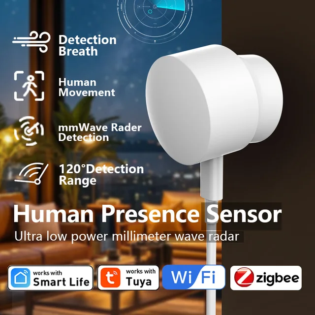 Tuya Zigbee Smart Human Presence Sensor 24G mmWave Radar 20ft Motion Sensor / 15ft Static Detection Alexa Google Assistant Voice