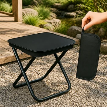 Tabouret pliant portable avec structure en fer robuste, idéal pour les activités de plein air comme le camping, la pêche et les pique-niques