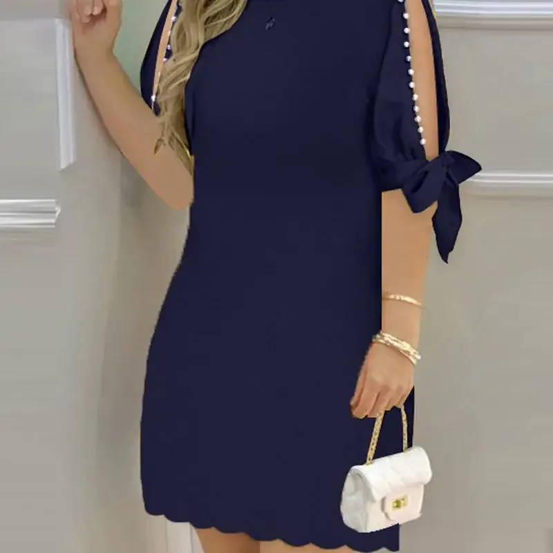 

Pearls Decor Split Sleeve Casual Dress Women O Neck Fashion Solid Color Mini Dress Sexy Summer Spring