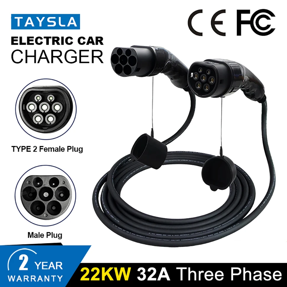 

TAYSLA 22KW EV Charging Cable 32A 3 Phase Electric Vehicle Cord Type 2 Female to Type 2 Male IEC 62196 Plug EVSE Kit