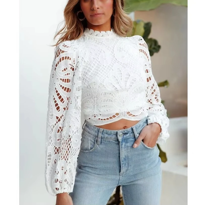 Long-sleeved lace shirt with a back zipper design, sweet style, solid color, polyester blend fabric, high-end shirt.