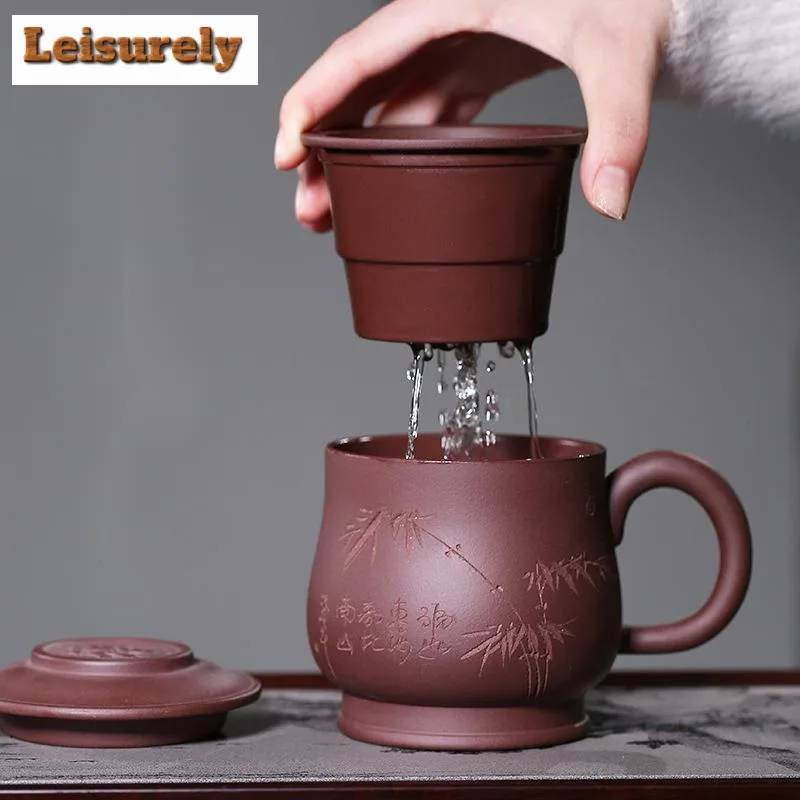 400ml Yixing Clay Teacup with Filter Master Handheld Household Office Infuser Kettle Hand Carved Bamboo Tea and Water Separation