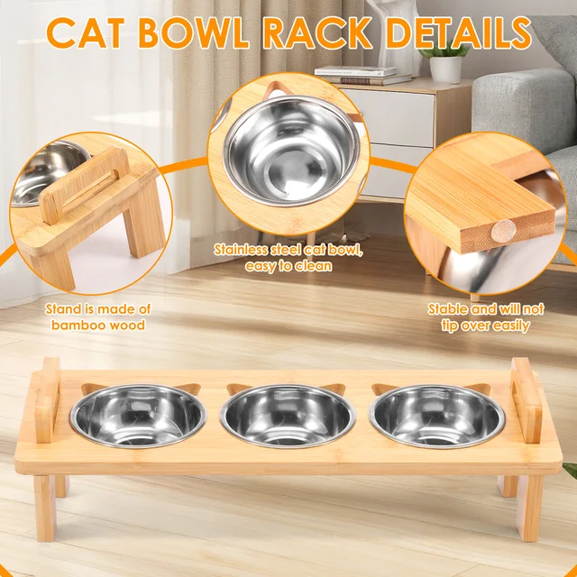 Stainless Steel Elevated Cat Bowls Stand Set for Dry Wet Food Water Double Handles Cat Food Bowl Kit Easy Cleaning for Pet Small 3