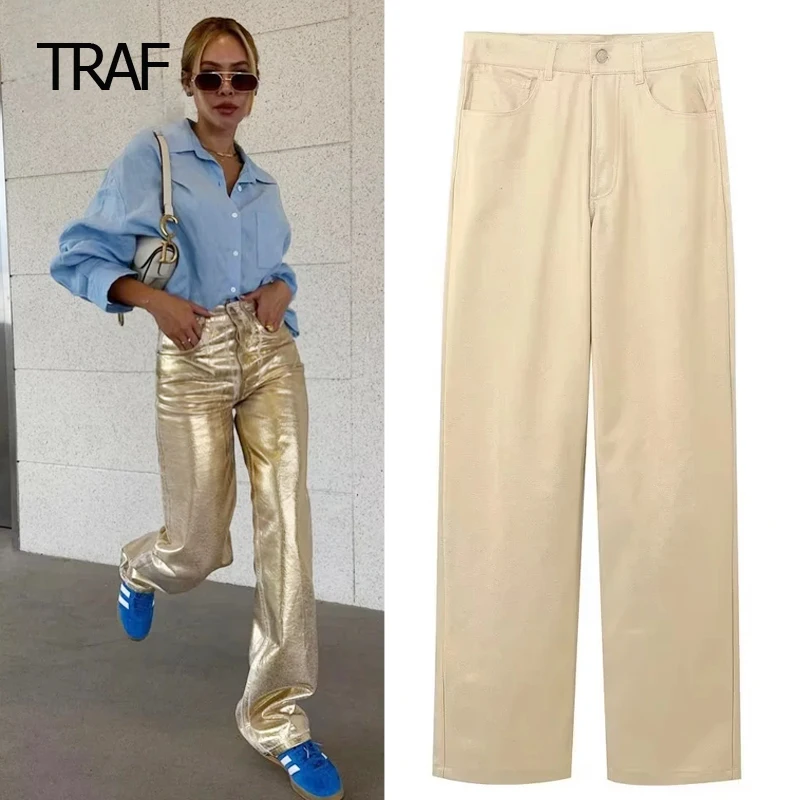 

TRAF Golden Leggings Pants Women's Pants Spring 2024 High Waist Slacks Tailoring Pants New In Pants Korean Reviews Many Clothes