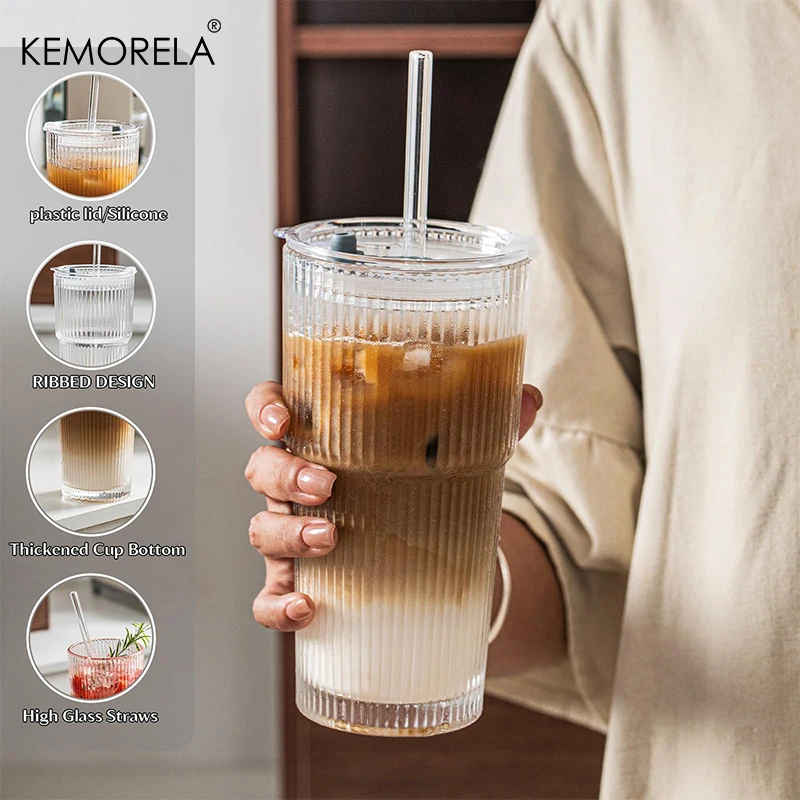 KEMORELA Set Di 2 Bicchieri In Vetro Con Coperchio E Cannucce - 680 Ml, Con Manico, A Prova Di Perdite, Per Caffè Freddo E Tè, Lavabili In Lavastoviglie