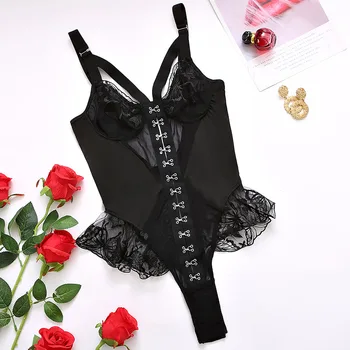 JSY Sexy Bodysuit Lace Lingerie Black Deep-V Women's Underwear Transparent Teddy Erotic Teddies Lingerie Jumpsuit Sleepwear 6