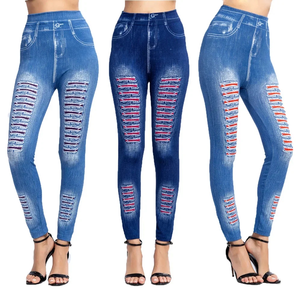 Stretch Well Fitness Fake Pockets High Waist Leggings Women Faux Denim Jeans Sexy Elastic Jeggings Soft Casual Thin Pencil Pants ysdnchi faux denim jeans seamless high waist fashion jeggings push up fitness slim women leggings pencil pants elastic trousers